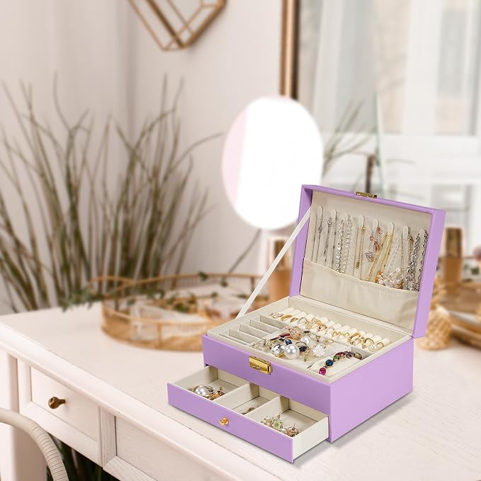 2-Layer Jewelry Box for Women Girls, Jewelry Organizers and Storage with Removable Jewelry Tray, Vintage Quilted Top Lockable Jewelry Holder Gift Idea Light Purple - Image 7