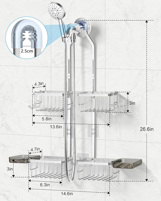 Adjustable Shower Caddy Hanging - Never Rust Shower Organizer Hanging, Aluminum Shower Racks for Inside Shower - Bathroom Organizers and Storage with 2 Soap Holders and 2 Removable Hooks, Silver - Image 7