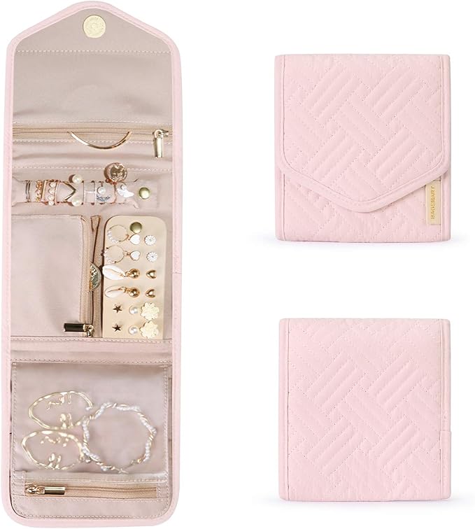 BAGSMART Travel Jewelry Organizer Case Foldable Jewelry Roll for Journey Rings, Necklaces, Earrings, Bracelets,Mini,Light Pink by BAGSMART