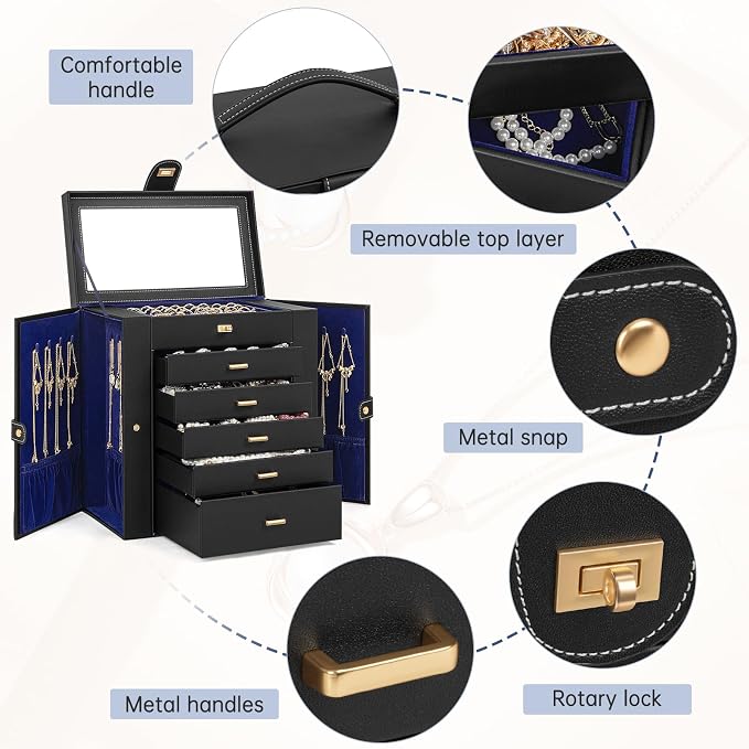 AKOZLIN Huge Jewelry Box Organizer Functional Large Leather Jewelry Storage Case for Women Girls Ring Necklace Earring Bracelet Holder Organizer with Mirror - Image 2