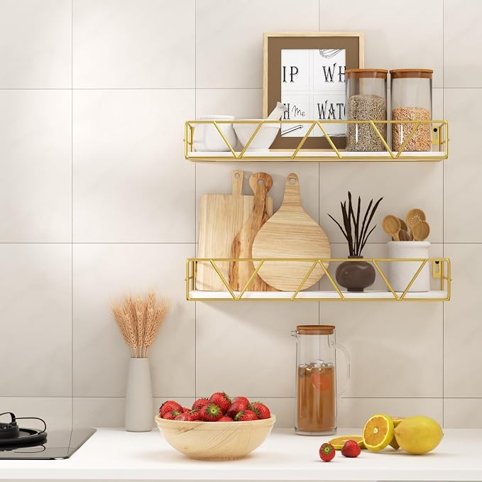 Amaoot Floating Shelves Set of 3, Home Wood Wall Shelf, Farmhouse Shelf for Bedroom, Wall Mounted Floating Shelf for Living Room, Bedroom, Bathroom, Kitchen, Office (Gold) - Image 4