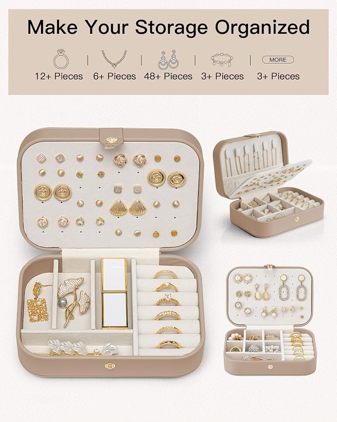 VLANDO Travel Jewelry Case for Women Girls Mothers, PU Leather Small Jewelry Box for Rings, Necklaces, Bracelets, Earring Holder Organizer Storage for Travel Accessories, Valentines Gift - Toffee - Image 6