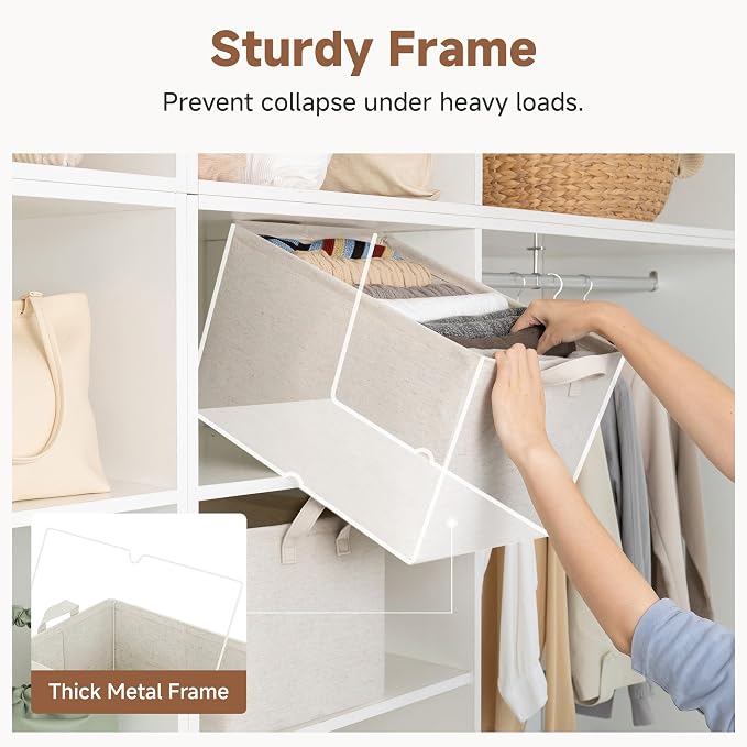 StorageWorks Storage Bins, Shelves Baskets for Organizing, 45L Extra Large Fabric Closet Organizers with Handles, Metal Frame, Beige-Cotton-linen, 2-Pack - Image 5