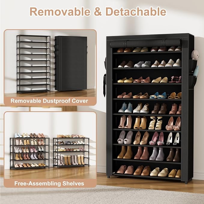 VILICK Shoe Rack with Cover Narrow Shoe Organizer with Pockets 10 Tier Tall Shoe Storage Holds 36-41 Pairs Shoes and Boots Shoe Rack for Closet Entryway Garage, Black - Image 6