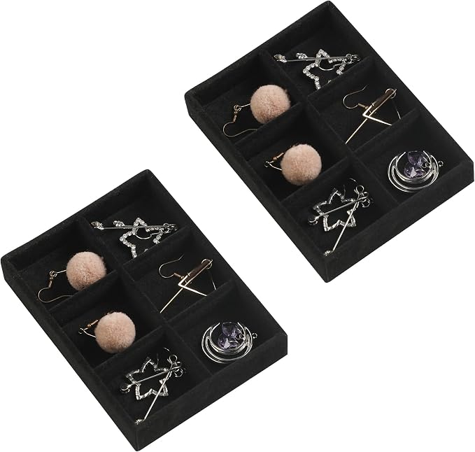 Frebeauty Small Jewelry Tray Set,Stackable Velvet Jewelry Organizer Tray,Mini Jewelry Drawer Organizer,Drawer Inserts,4.92 x 3.74 x 0.9 Inches,6 Grid Earring Organizer for Women(Set 2,Black) by Frebeauty