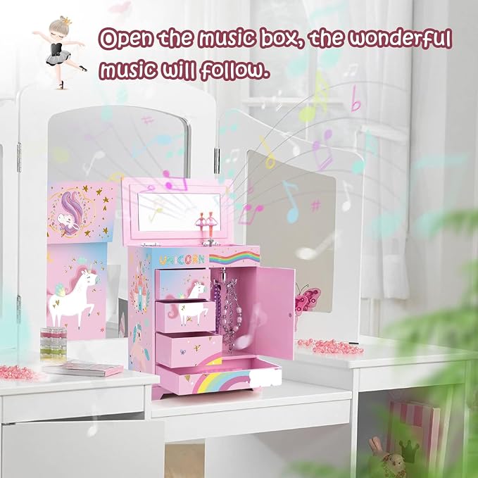 Large Jewelry Box for Girls 5-Layer Music Box with Spinning Ballerina Unicorn Necklace & Bracelet Set Kids Jewelry Organizer Birthday Christmas Gift for 5-8 Year Old Girls(Pink&Blue) - Image 5