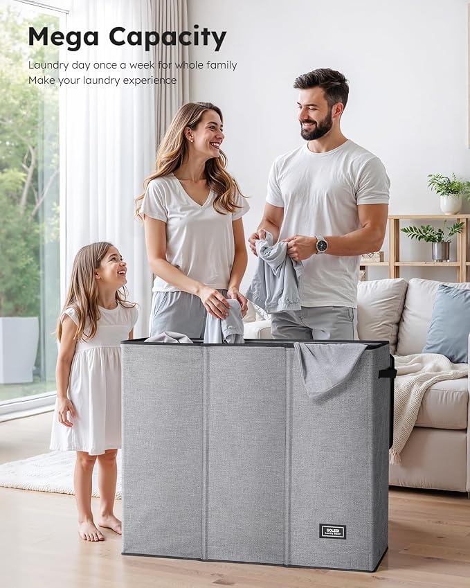 SOLEDI 180L Laundry Hamper 3 Section, Extra Large Laundry Hamper with Lid, Dirty Clothes Hamper with Sturdy Handle, Large Laundry Basket Organizer for Laundry Room, Bedroom, Hampers for Laundry - Image 3