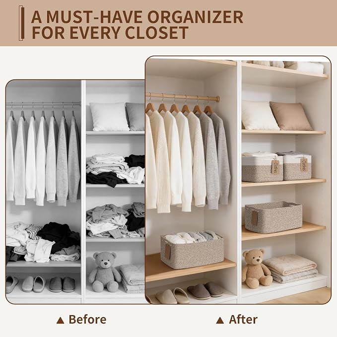 Goodpick 4 Pack Storage Baskets for Shelves, Rectangle Woven Baskets for Organizing, Closet Storage Bins with Handles, Decorative Toy Organizer Basket for Gifts, 13''L x 8''W x 6''H, Brown - Image 4