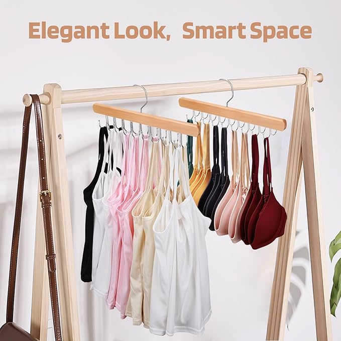 NECAMOCU 2 Pack Bra Hanger for Closet Organizer, Premium Wooden Tank Top Hangers with 36 Foldable Hooks, 360° Rotating Design, Space Saving Storage for Tank Tops, Bras, Scarves and More - Image 2
