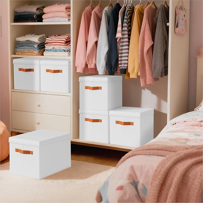 Homsorout Storage Bins with Lids - Large Fabric Closet Bins with Lid, 8 Pack Clothes Organizers and Storage, Collapsible Stackable Cube Basket for Home, Office, Dorm, White - Image 5
