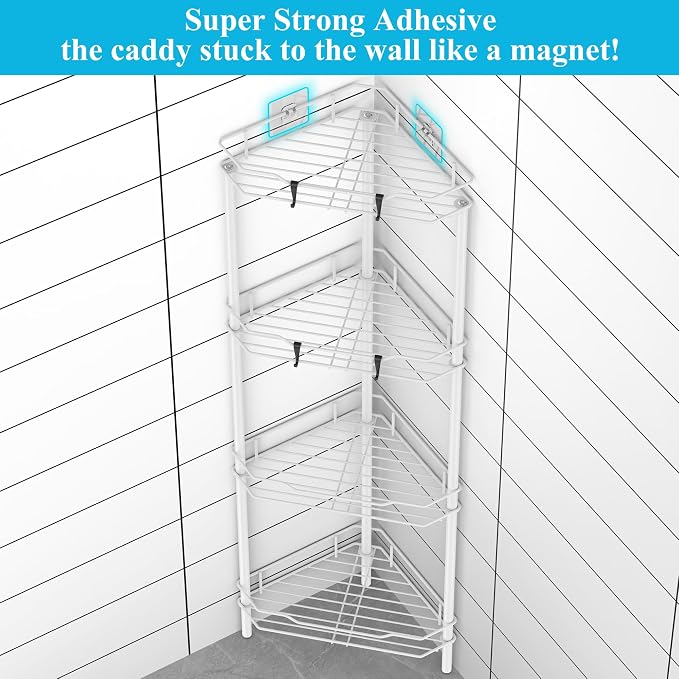 HuggieGems 4 Tier Floor Standing Corner Shower Caddy Organizer Shelf with Hooks, Bathroom Shelves Stand Rack, White - Image 2