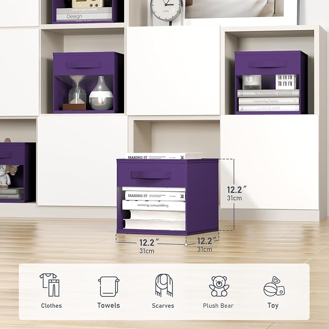 DIMJ Cube Bins, 12.2-Inch Storage Bins Cubes with Window, 6 Packs Collapsible Storage Bins with Handles, Closet Storage Baskets for Organizing Living Room, Office, 6 Pack,Purple - Image 2