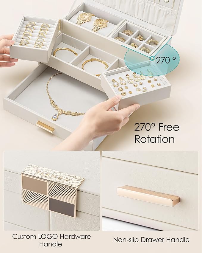 VLANDO 3 Layer Jewelry Box - Women Jewelry Box with Retractable Tray - Jewelry Organizers with Drawer for Necklaces, Rings, Bracelets, Earrings, Valentines Gift for Mom Girls - Cloud White - Image 5