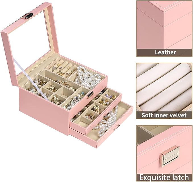 BOOVO Clear Lid Jewelry Box,3 Layers Jewelry Organizer Large Multi-Functional Jewelry Storage Box with 2 Drawers,Jewelry Display Case of Rings Earrings Necklace Bracelets for Women Girls (Pink) - Image 2