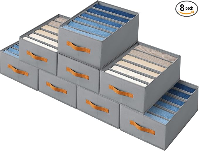 Homsorout Closet Organizers and Storage - Fabric Clothes Organizer with Handles, Foldable Jeans Organizer for Clothes, Drawer Organizer for Shirts, Bra, Sweater, Scarf, 8 Pack, Grey by Homsorout