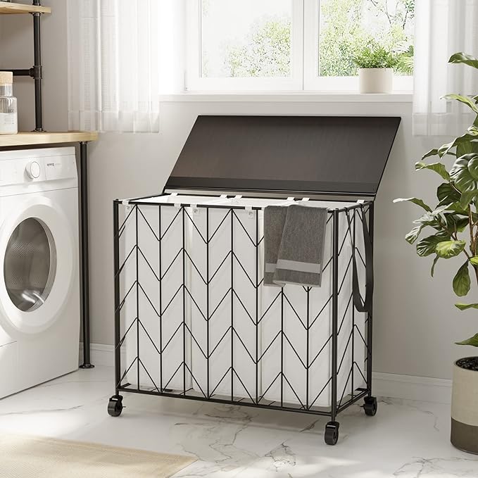 WOWLIVE Laundry Basket with Wheels, 142L Laundry Hamper 3 Section with Lid, Dirty Clothes Hamper with Removable Bags, Large Capacity Iron-Made Laundry Basket Organizer Laundry Sorter for Dorm, Beige - Image 2