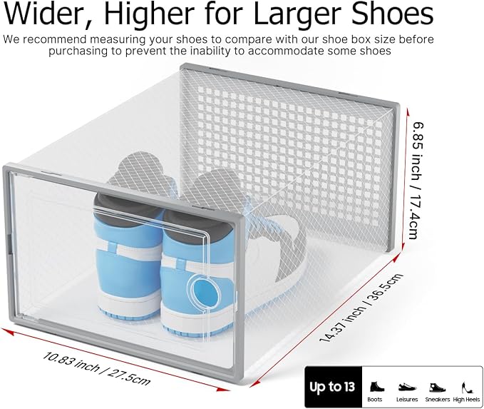 Kuject XX-Large Shoe Storage Boxes Organizers Clear Plastic Stackable 12 Pack, Shoe Rack & Holder Substitute, Sneaker Containers, Shoe Storage Organizer Bins for Closet, Under Bed, Grey(No Fold Line) - Image 2