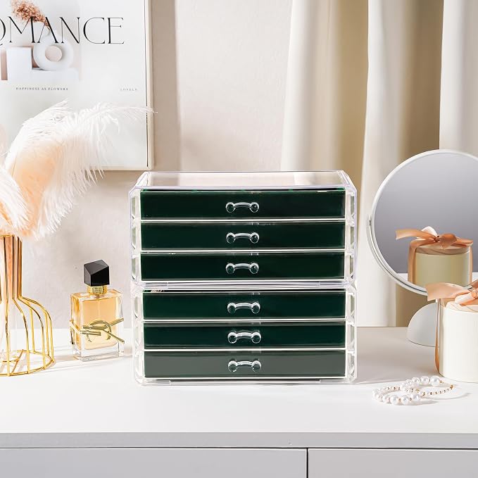Lolalet Earring Holder Organizer Box Jewelry Storage with 6 Drawers, Clear Acrylic Stackable Earring Case with Adjustable Velvet Trays for Women on Dresser Vanity -Emerald, 6 Layers - Image 5