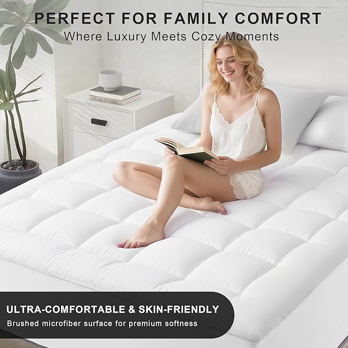 Quilted Mattress Pad Pillow Top Mattress Cover Protector Cooling Soft for Breathable Padded Deep Pocket 8-21 Fitted Supportive(White,Queen Size)