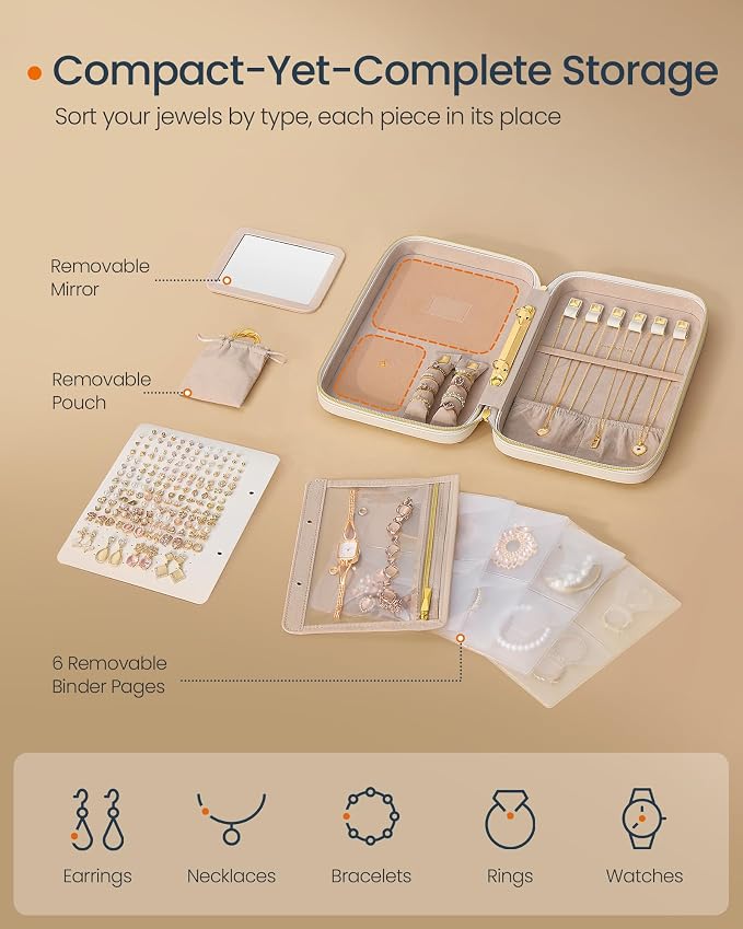 SONGMICS HOME Travel Jewelry Case, Jewelry Organizer Box with Mirror, Jewelry Pouch, Woven Embossed PU Leather, Hard Shell, Large Capacity, Gift Idea, Cloud White UJBC204W01 - Image 4