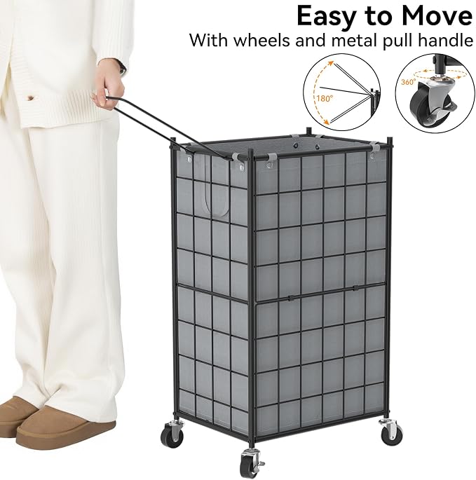 WOWLIVE Laundry Hamper with Wheels,Metal Wire Frame Rolling Laundry Basket with Removable bag,100L Dirty Clothes Hamper Organizer Dorm Room Storage for Bedroom,Bathroom,Grey - Image 5