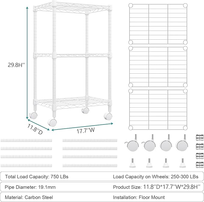 M MZG 3 Tier Shelf Metal Storage Shelves Wire Rack Closet Organizers with Wheel for Garage Kitchen Bathroom Laundry White 11.8" D x 17.7" W x 29.8" H - Image 3