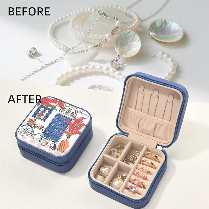 shunmei Mini Travel Jewelry Box,PU Leather Portable Jewelry Organizer Case,Art Accessories Storage Holder Boxes for Earring, Necklace, Rings, Bracelets (Two Cats) - Image 7
