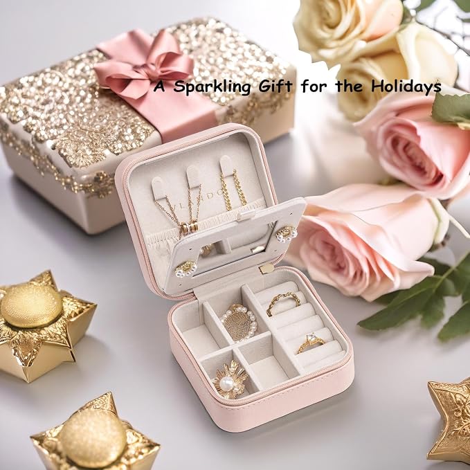 Vlando Small Travel Jewelry Box Organizer - Mirrored Jewelries Necklaces Rings Earrings Necklace Storage Case, Pink - Image 4