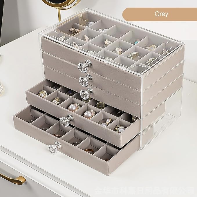 SPAKOWN Earring Box Holder Organizer Display Case, Clear Velvet Jewelry Storage Tray Organizer for Earring Ring Stud (Grey - 5 Drawers) - Image 4