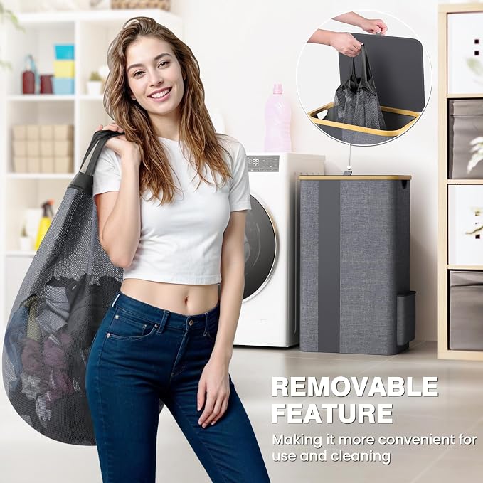BlissTotes Laundry Basket with Lid, 100L Clothes Laundry Hamper with Handles and Removable Laundry Bag, Breathable Design Hamper with Lid for Bedroom, Bathroom, Dorm, Laundry Room - Light Grey - Image 4