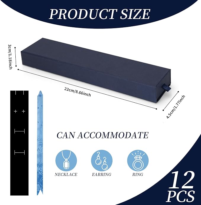 12-Pack Drawer Style Jewelry Gift Boxes with Sponge Insert, 8.7"x1.8"x1.2" Necklace & Bracelet Display Box for Presentation, Cardboard Storage Organizer for Pendant, Ring, Earring - Navy Blue - Image 2