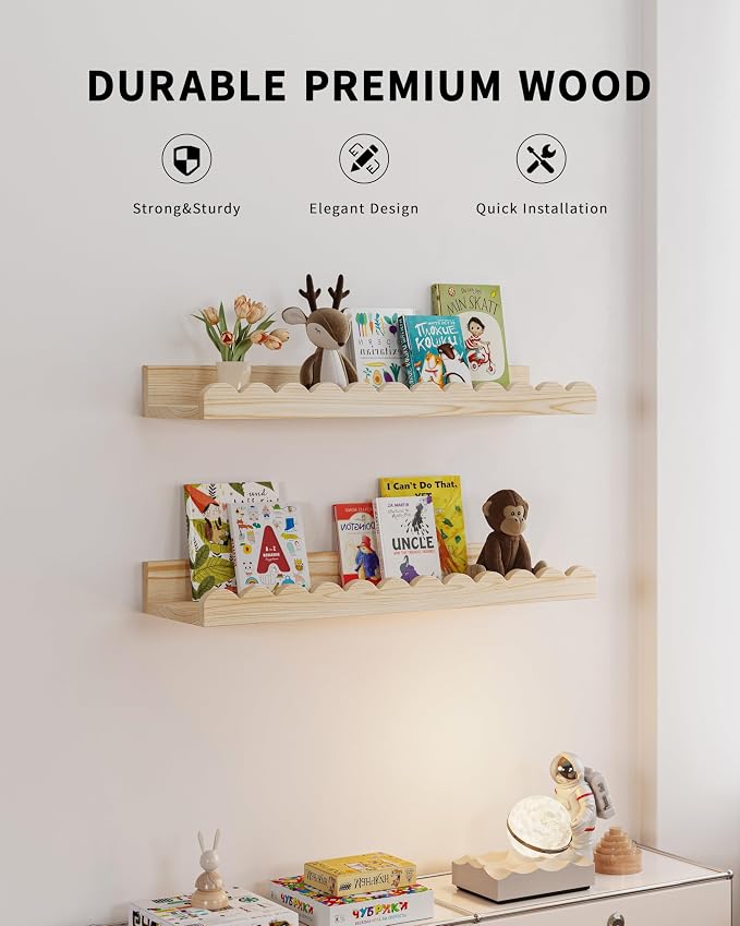 Shario Nursery Book Shelves, 4-Pack Wood Floating Shelves for Wall Kids, Scalloped Shelves, Wall Book Shelves for Bedroom Kids, Toddler Room, Baby Room, Nursery Decor(Wood, 16.5 Inches) - Image 3