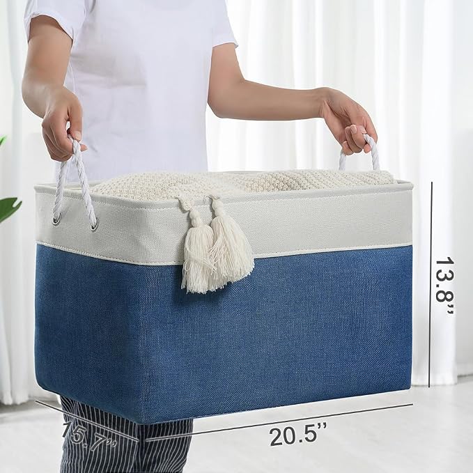TheWarmHome Organization and Storage Basket for Shelves - Jumbo 3 Pack 20x16x14 inch Collapsible Storage Bins for Organizing, Canves Storage Cubes for Gift Organizer Toys Closet (White & Jean Blue) - Image 5