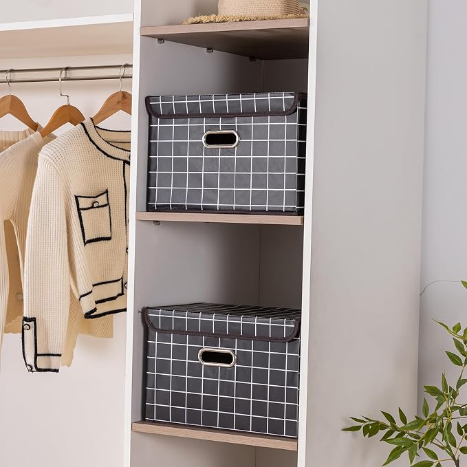 STOREONE Fabric Storage Cube Bins Foldable Organizer Container Collapsible Basket with Lids and Metal Handles, for Home, Bedroom, Closet 3 Pcs (Black grid) - Image 5