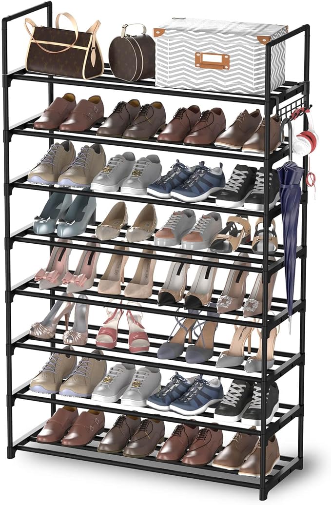 Hsscblet 8 Tiers Metal Shoe Rack,Adjustable Shoe Shelf Storage Organizer with Hooks,Stackable Boot & Shoe Storage,for Entryway,Hallway,Closet,Black by Hsscblet