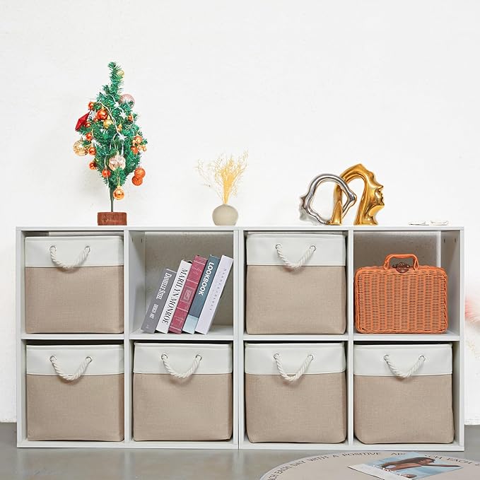 13 x 13 Inch Storage Cubes，6 Pack Cube Storage Bins for Shelves，Fabric Collapsible Storage Bins with Handles, Foldable Storage Basket for Organizing Clothes, Toys, Books (White&Beige) - Image 2