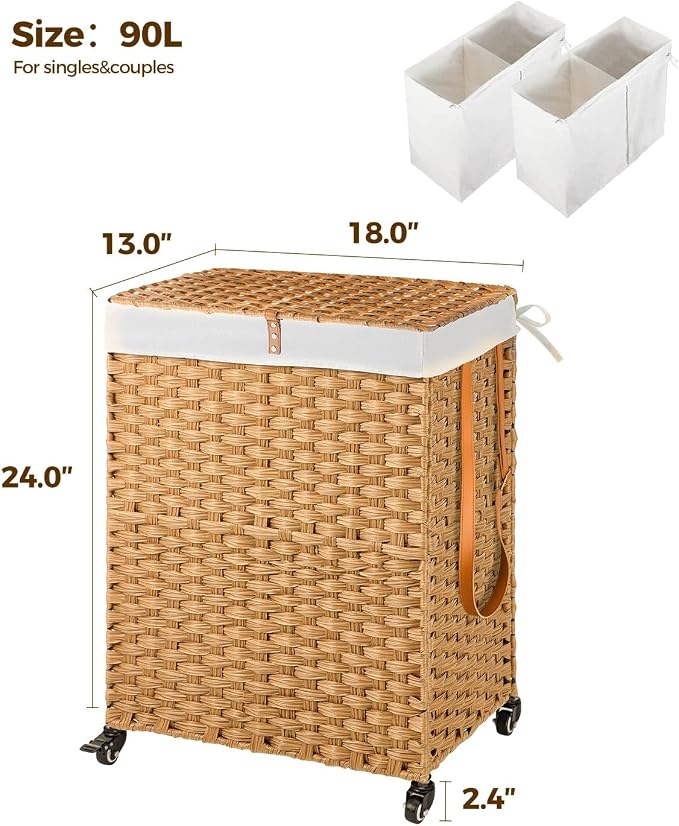 Greenstell Laundry Hamper with Wheels, No Install Needed, 90L Divided Handwoven Hampers & 2 Removable Liner Bags, Synthetic Rattan Clothes Laundry Basket with Lid & Handles, Foldable Hampers Natural - Image 5