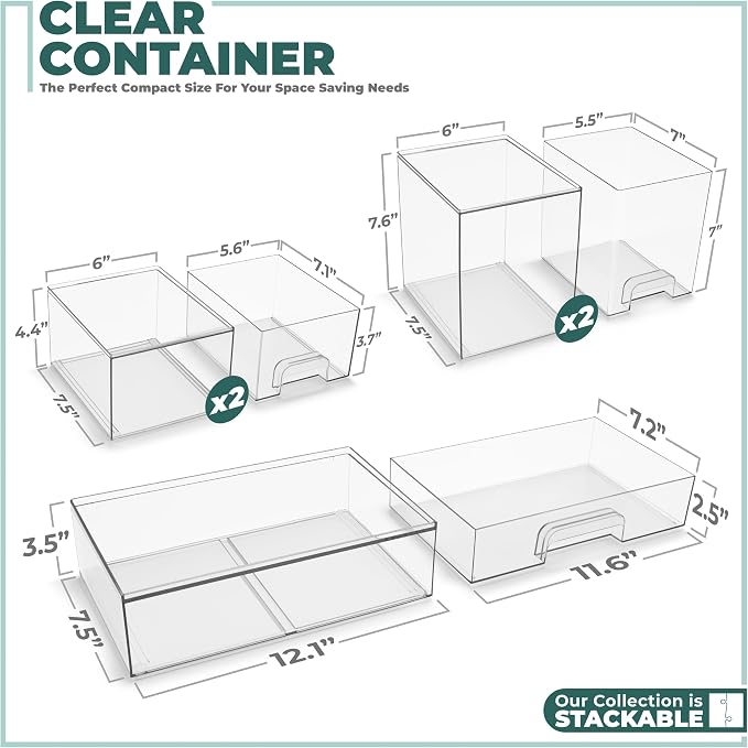 Sorbus Stackable Acrylic Storage Drawers – 2 Small + 2 Tall + 1 Wide – 5 Pack Clear Plastic Organizer Bins for Baby Bottles, Makeup, Bathroom & Vanity, Pull-Out Drawer Design for Kitchen Cabinets - Image 6