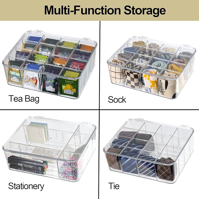 ZEXALOR Socks Underwear Drawer Organzier Dividers, 16 Compartment Removable Divided Plastic Storage Bin with Lid, Storage Organizer for Scarves Ties Bras, Clear Dresser Drawer Organizers - Image 2
