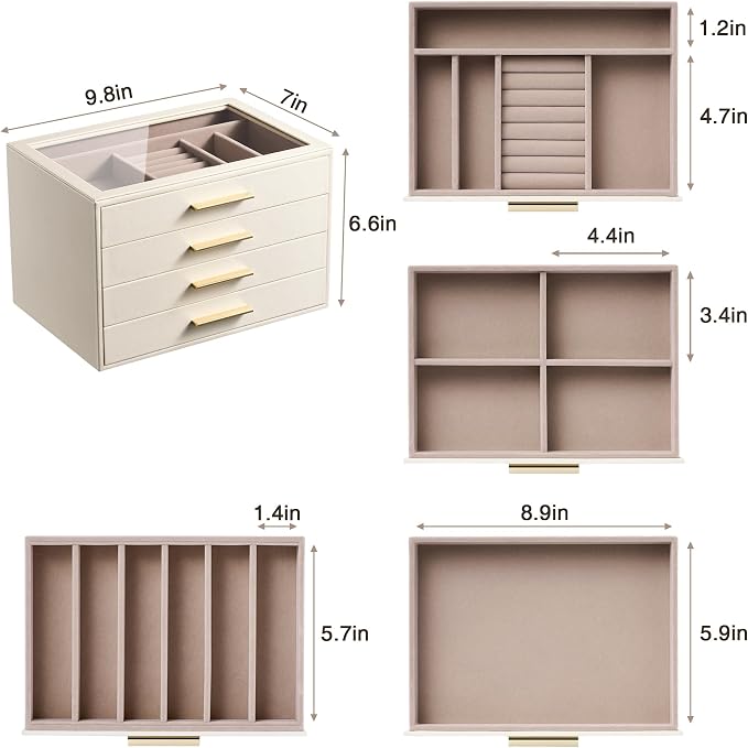 pickpiff Jewelry Box Organizer Case for Women: 4-Layer Jewelry Storage Case with Glass Window, Ivory Leather with Pink Velvet, Holder for Ring Necklace Bracelet Brooch Watch, Great Gift for Her - Image 8
