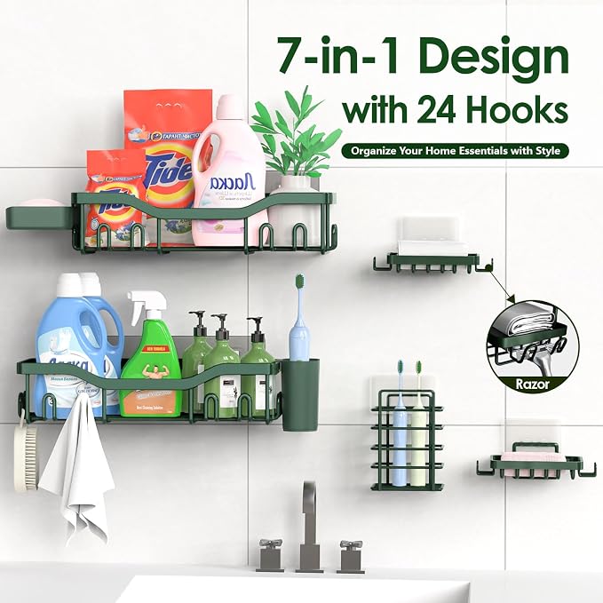 NESOMI Shower Caddy Adhesive Shower Organizer 7-Pack, Rustproof Stainless Steel Bathroom Shelves, Large Capacity No-Drill Rack Storage Accessories with Soap Dish Toothbrush Holder Hooks - Image 7
