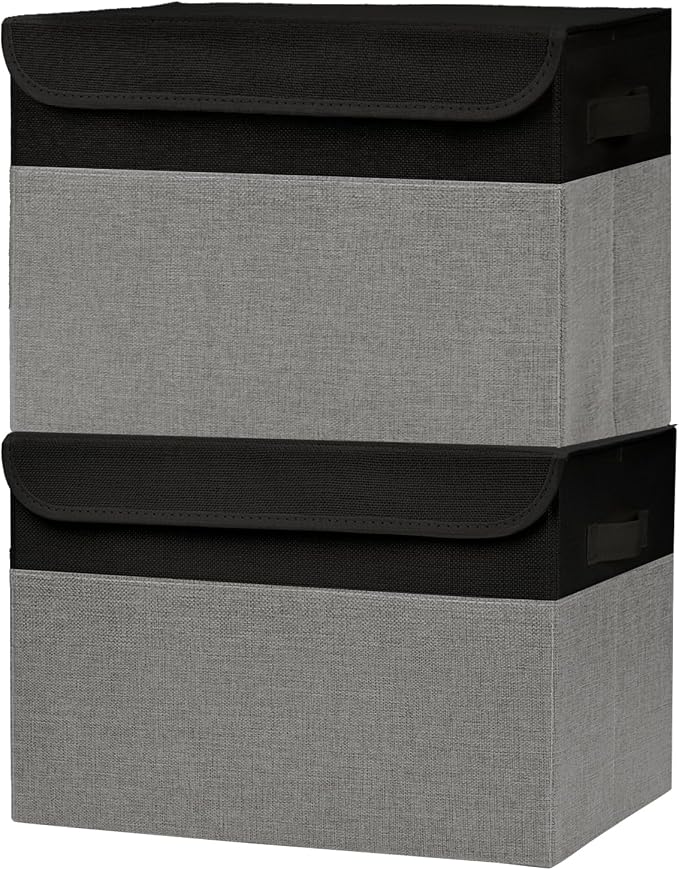Bagnizer Large 42 Quarts Fabric Storage Bins with Lids [2-Pack] Linen Collapsible Foldable Storage Cubes, Closet Organizer Containers boxes with Handles for Home Office (16.7 x 12 x 12, Black & Gray) by Bagnizer