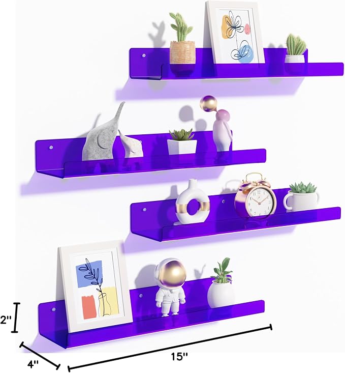upsimples Acrylic Shelves for Wall Decor, 15" Display Shelf Perfume Organizer for Bathroom, Bedroom, Living Room, Floating Bookshelves for Kids, Clear Purple, 4 Pack - Image 3