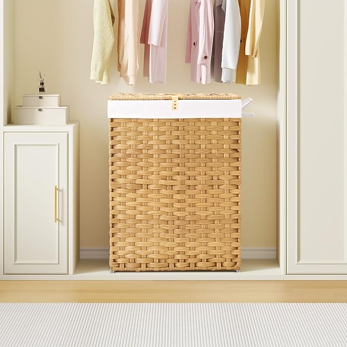 GREENSTELL Laundry Hamper with Lid, 90L Clothes Hamper with 2 Removable Liner Bags & 2 Mesh Laundry Bags, Handwoven Synthetic Rattan Laundry Basket for Clothes, Toys in Bathroom, Bedroom Natural - Image 2