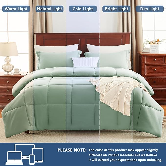 CozyLux Queen Comforter Set - Sage Green Comforter Queen Size, 3 Pieces Box Stitched Bed Set for All Seasons, Soft Lightweight Bedding Sets with 1 Down Alternative Comforter and 2 Pillow Shams