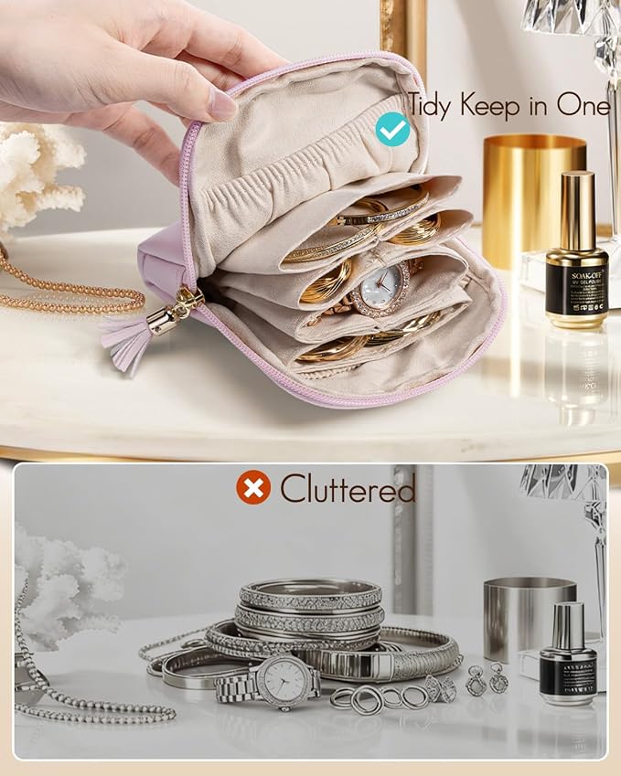 VLANDO Mini Jewelry Travel Case,Jewelry Pouch Bags with Zipper, Velvet Jewelry Organizer Storage Bag for Bracelet Rings Earring Travel Essentials Gifts for Women Girl - Pinkish Purple - Image 6