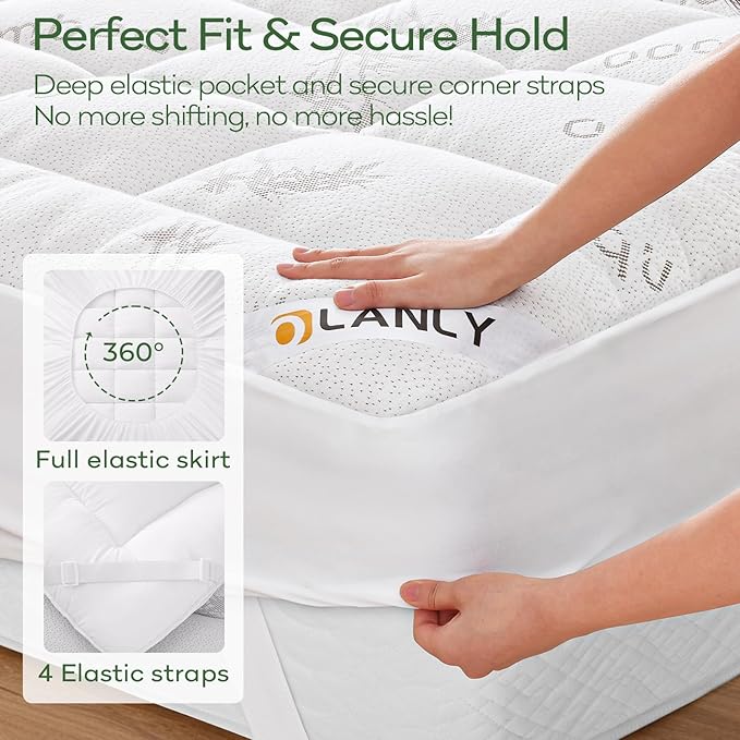 OLANLY Full Mattress Topper – Viscose Made from Bamboo, Cooling Soft Full Pillow Top Mattress Pad for Back Pain Relief, Plush Down Alternative Fill Bed Topper with Elastic Deep Pocket, White