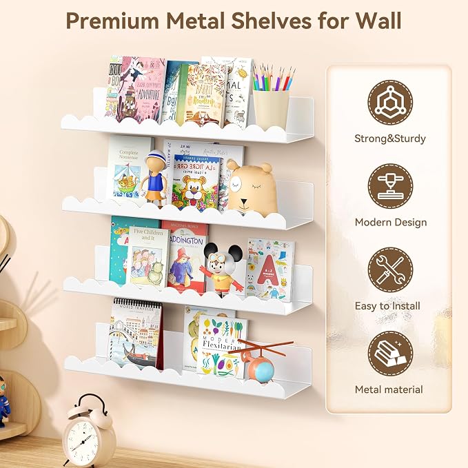 Nursery Book Shelves, 17 Inch Metal Floating Shelves for Wall 4 Pack, Scalloped Shelves, Wall Mounted Book Shelf for Kids Bedroom, Baby Room, Nursery Decor (White) - Image 3