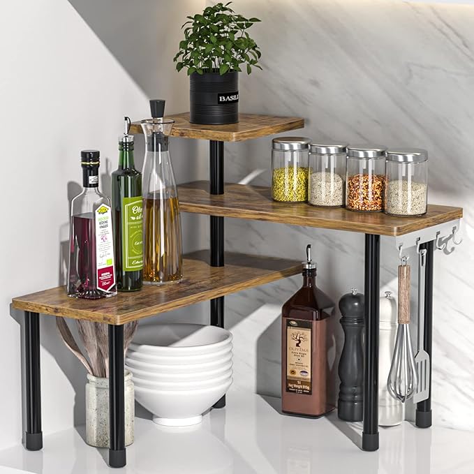 JayRex Countertop Organizer Organization, 3 Tier Moveable Corner Shelf Organizer for Kitchen, Bathroom, Spice Rack, Coffee Area, Over Sink, Dresser Table (Rustic Brown) by JayRex