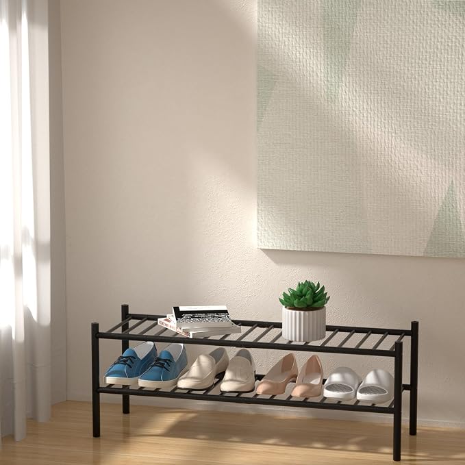 ROMGUAR CRAFT 2-Tier Bamboo Long Shoe Rack, Free Standing Wood Shoe Shelf Storage Organizer for Closet Entryway Stackable 35"x11"x13" (Black) - Image 2